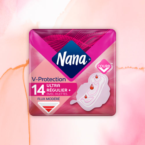 Pack Best-seller avec un emballage rose, contenant des serviettes hygiéniques Nana V-Protection et culottes menstruelles Hipster Full Lace Moderate.