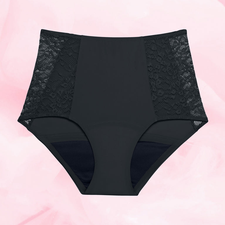 Culotte menstruelle taille haute avec dentelle florale, offrant confort et protection jusqu'à 12 heures, modèle High Waist Floral Heavy par Nana™.