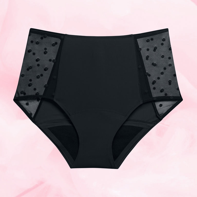 Culotte menstruelle noire à pois, taille haute, modèle High Waist Dots Moderate, offrant protection et confort avec technologie absorbante pour flux modérés.