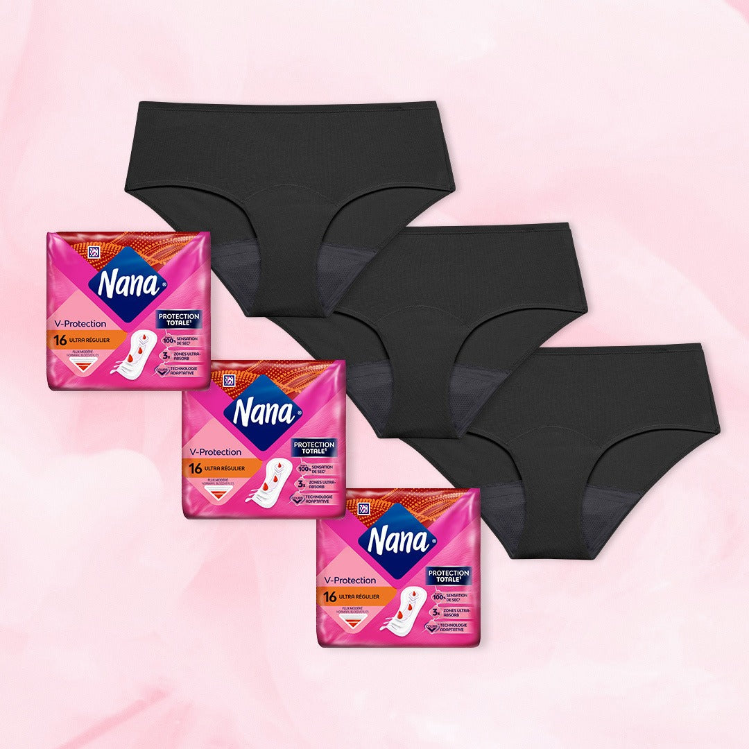 Pack Confort ultime: ensemble de culottes menstruelles Bikini Basic Moderate et serviettes V-Protection, disposées sur une couverture rose, offrant confort pendant les règles.