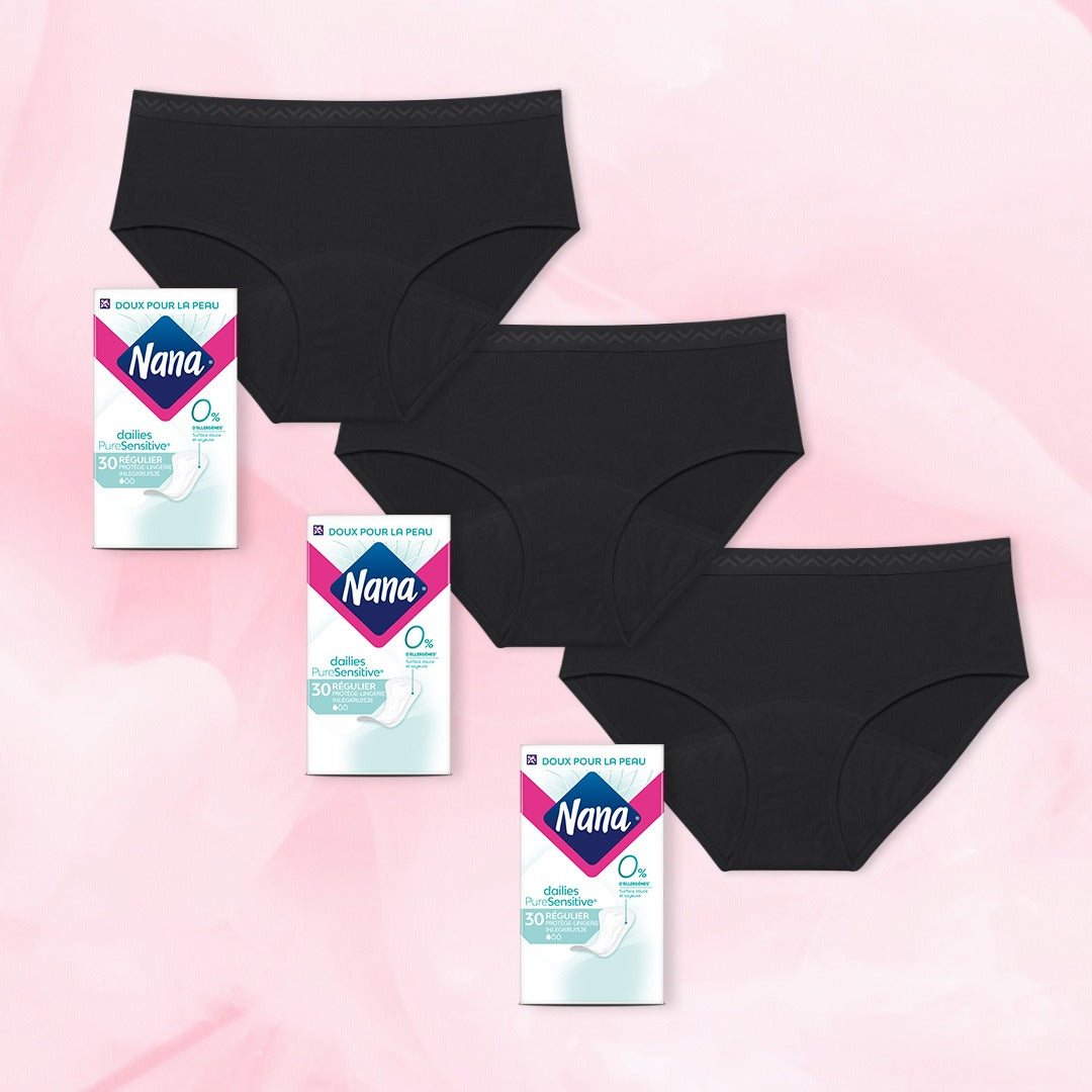 Pack Freedom: Trois culottes menstruelles Hipster Full Lace Light accompagnées d'un panier de coton, représentant confort et liberté pour peaux sensibles.