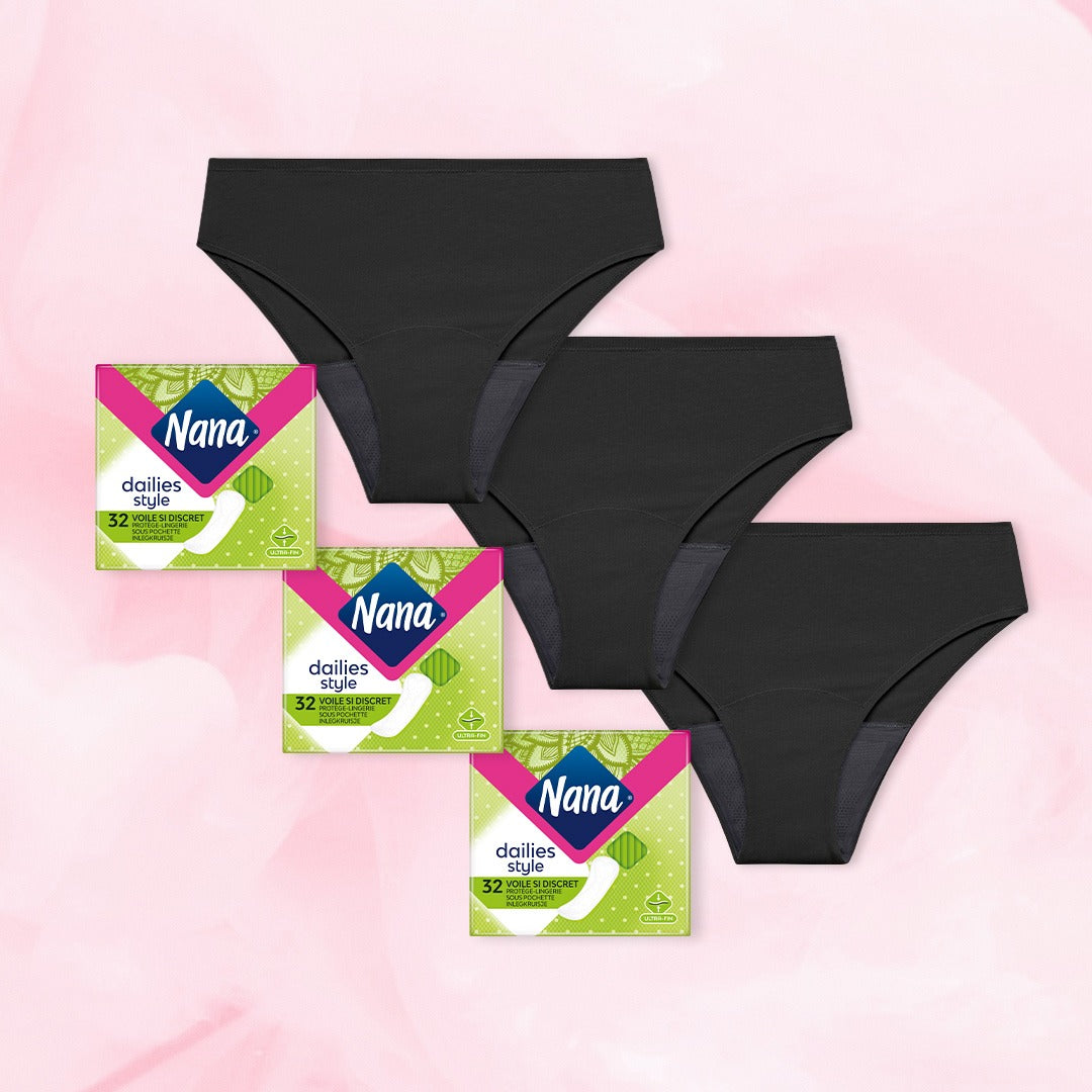 Pack Sexy baby : ensemble de 3 culottes menstruelles Brazilian Light avec paniers de protège-lingeries Nana Voile Si Discret sur fond rose.
