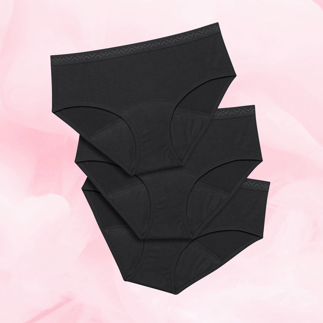 Lot de 3 culottes menstruelles Ados - Hipster Waistband, taille basse, absorbant pour flux abondant, visibles en groupe, offrant confort et protection optimale.
