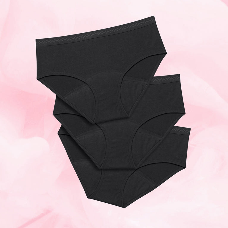 Lot de 3 culottes menstruelles Ados - Hipster Waistband, taille basse, absorbant pour flux abondant, visibles en groupe, offrant confort et protection optimale.