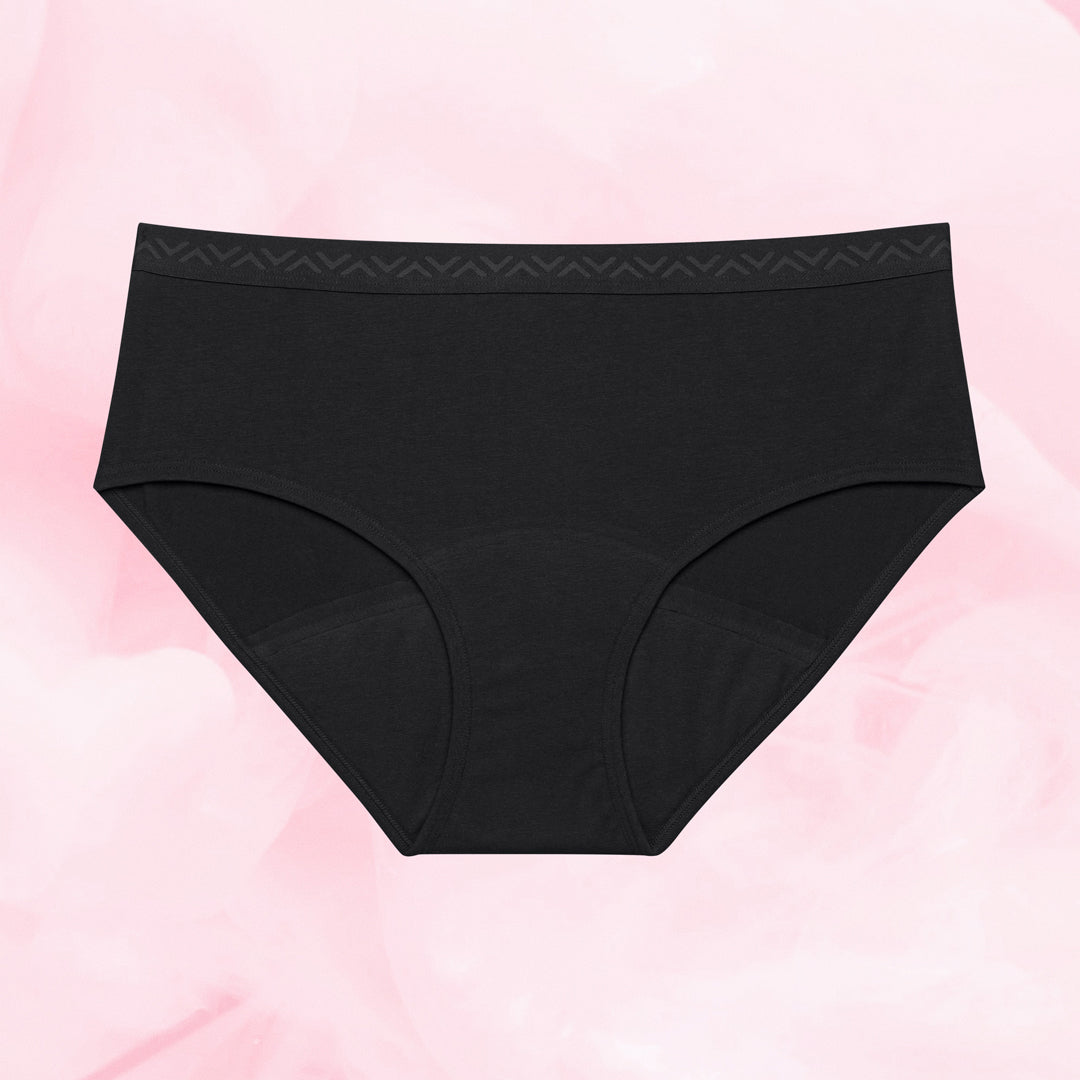 Lot de 3 culottes menstruelles Ados - Hipster Waistband, taille basse, pour flux abondant, avec gousset triple couche et coton biologique pour confort optimal.