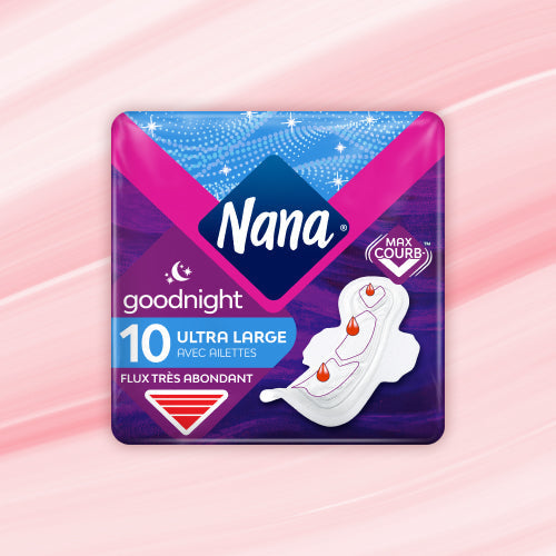 Pack Bonne nuit: 10 serviettes Nana Goodnight ultra-large pour flux nocturne abondant.