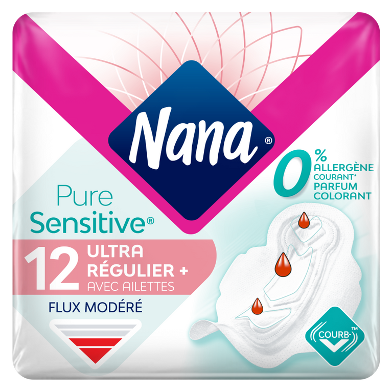 Paquet de Serviettes Nana PureSensitive™ Ultra Régulier Plus avec ailettes, logos visibles, incluant serviette blanche avec gouttes rouges, conçu pour peaux sensibles et sans allergènes.