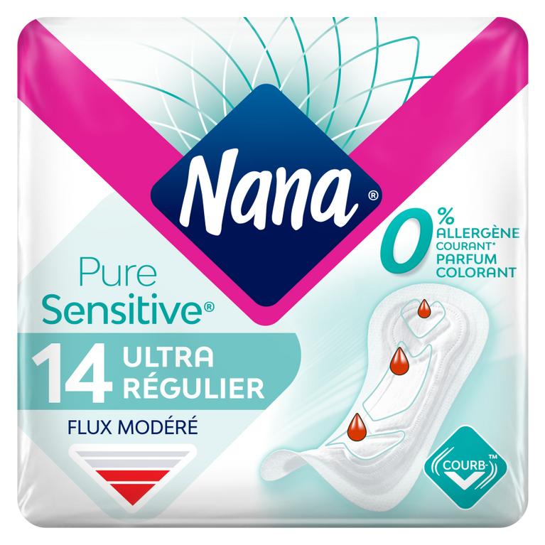 Paquet de Serviettes Nana PureSensitive™ Ultra Régulier 3x14, avec logo visible, conçu pour sensibilité, sans allergènes, parfum ni colorant, surface extra-douce.