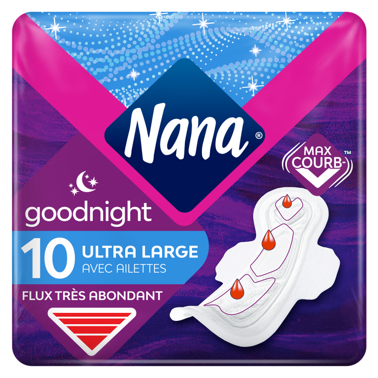 Paquet de Serviettes Nana Ultra Goodnight Large avec ailettes, protection maximale pour la nuit, illustré par un logo et une serviette avec gouttes rouges.