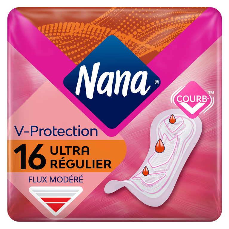 Serviettes Nana Ultra Régulier, gros plan sur le logo sur l'emballage, mettant en avant la technologie Courb-V™ pour une protection et un ajustement optimaux.