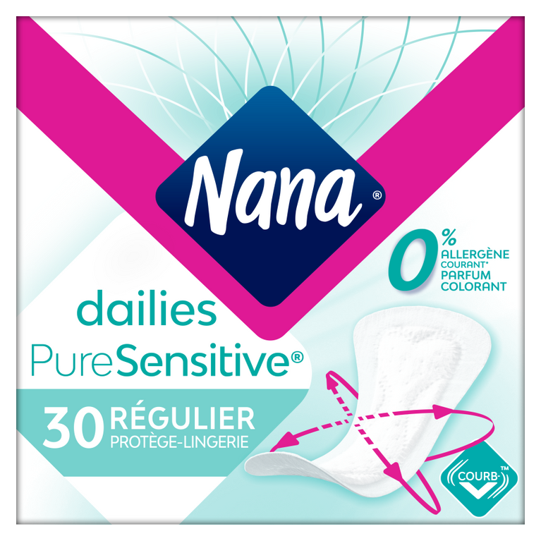 Protège-lingerie Nana PureSensitive™ Régulier, avec logo en gros plan et détail d'une serviette hygiénique, conçu pour peaux sensibles, sans allergène, parfum ni colorant.