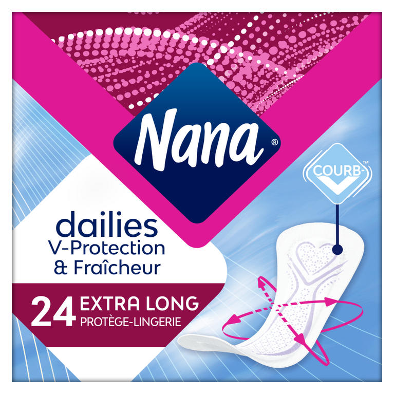 Protège-lingerie Nana Dailies Extra Long, boîte avec logo en gros plan, absorbe instantanément, technologie Courb-V™ pour confort et ajustement optimal.
