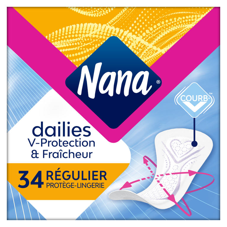 Boîte de Protège-lingerie Nana Dailies Régulier, avec logo visible, absorbant pertes et odeurs, technologie Courb-V™ pour confort quotidien.