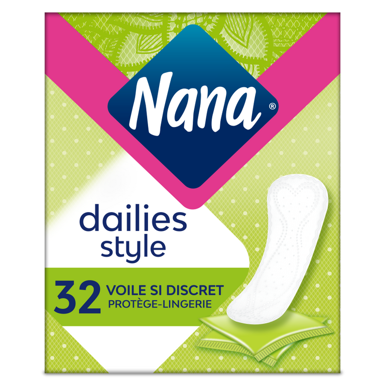 Protège-lingerie Nana Voile Si Discret dans son emballage, offrant fraîcheur quotidienne et discrétion, avec un gros plan sur le design du protège-lingerie.