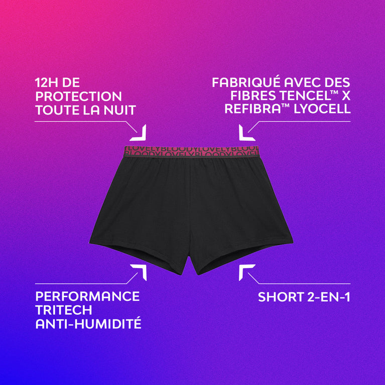 Short de Pyjama menstruel, adapté à toutes les positions de sommeil, avec gousset intégré pour absorption rapide et protection nocturne optimale.