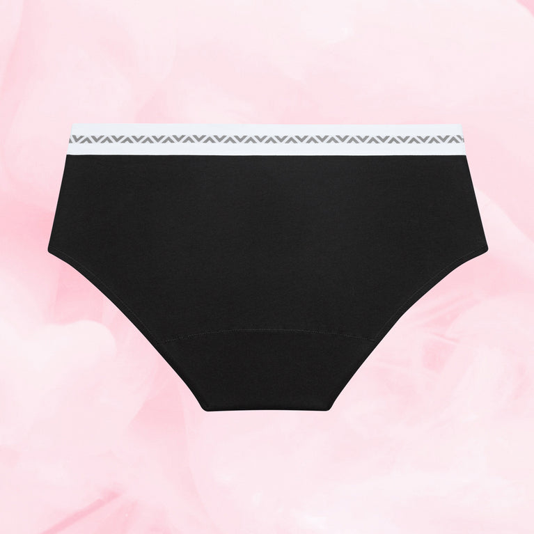 Culotte menstruelle noire Essentielle Hipster Logo Waistband Moderate Lot x3, taille basse, bordure blanche, ceinture à motifs V, tissu doux en coton biologique.