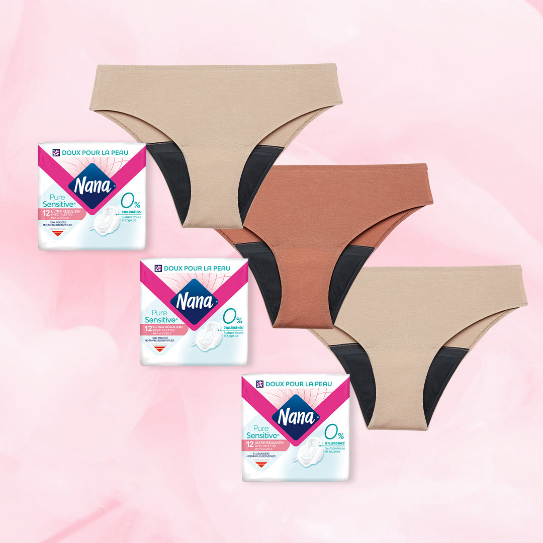 Pack Douceur extrême + : culottes menstruelles et serviettes Nana.