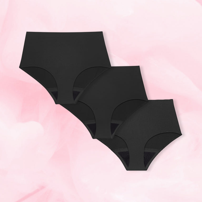 Pack High Waist Découverte avec trois culottes taille haute, divers niveaux d'absorption.