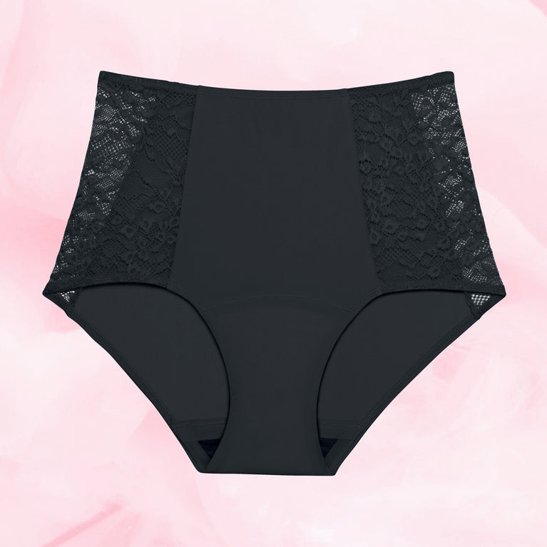 Culotte menstruelle taille haute High Waist Floral Light avec dentelle noire, offrant absorption et confort pour flux léger, réutilisable et écologique.