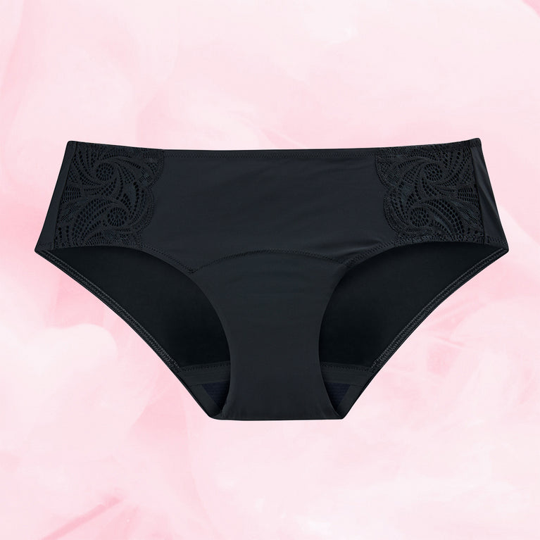 Culotte menstruelle Hipster Side Lace Light avec dentelle, offrant confort, absorption TriTech pour flux léger, réutilisable et respectueuse de l'environnement.