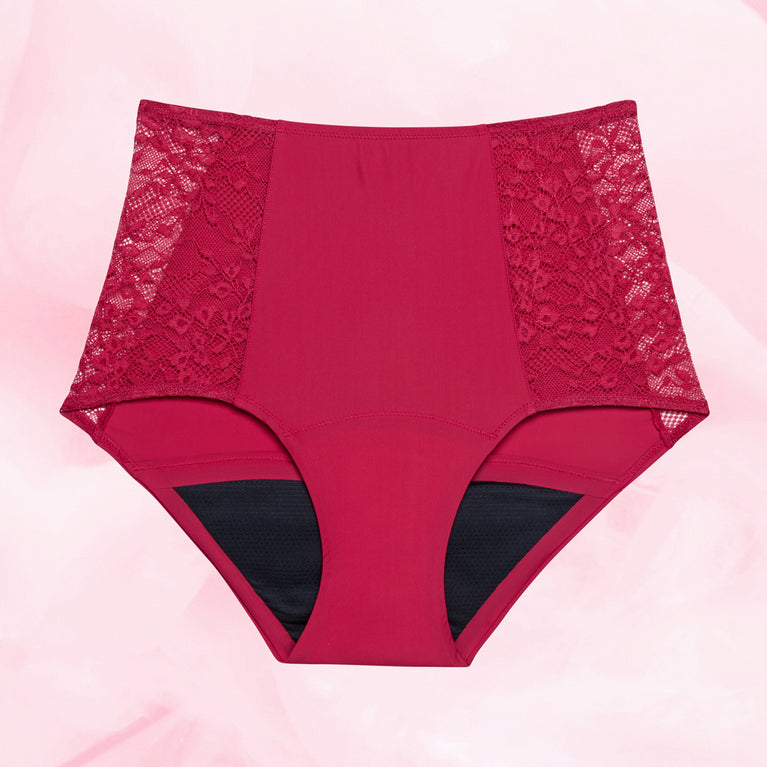 Culotte menstruelle High Waist Floral Heavy avec dentelle, offrant confort et protection jusqu'à 12 heures, idéale pour flux abondant, vue rapprochée.