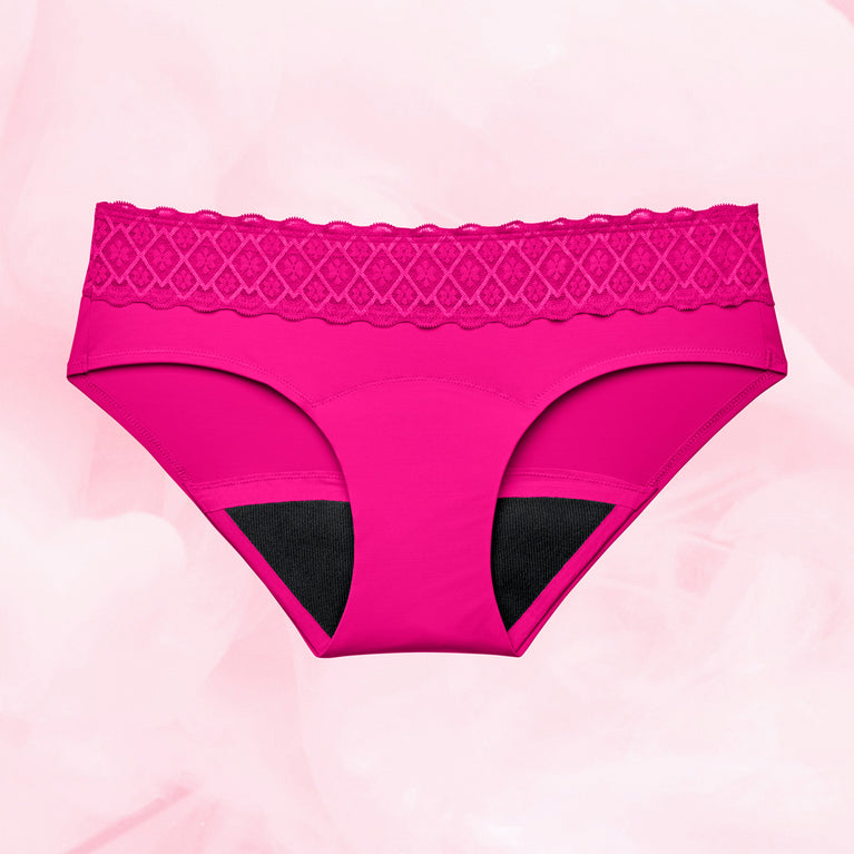 Culotte menstruelle Hipster Full Lace Moderate, confortable et ultra-absorbante, avec bordure en dentelle, sans élastique, pour un confort optimal.