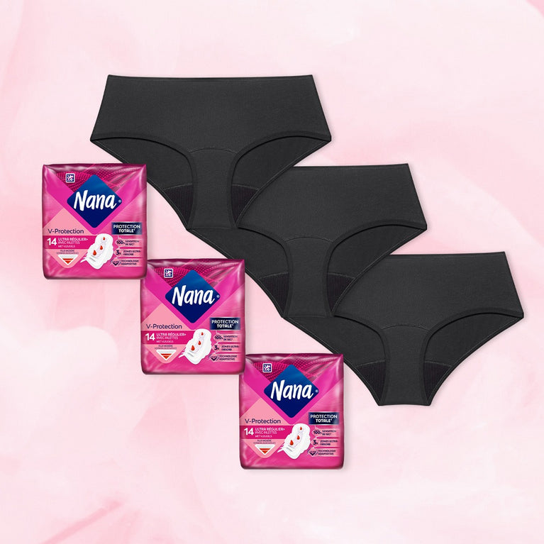 Pack Best-seller : ensemble de culottes menstruelles Hipster Full Lace et paquets de serviettes Nana, disposés sur une couverture.