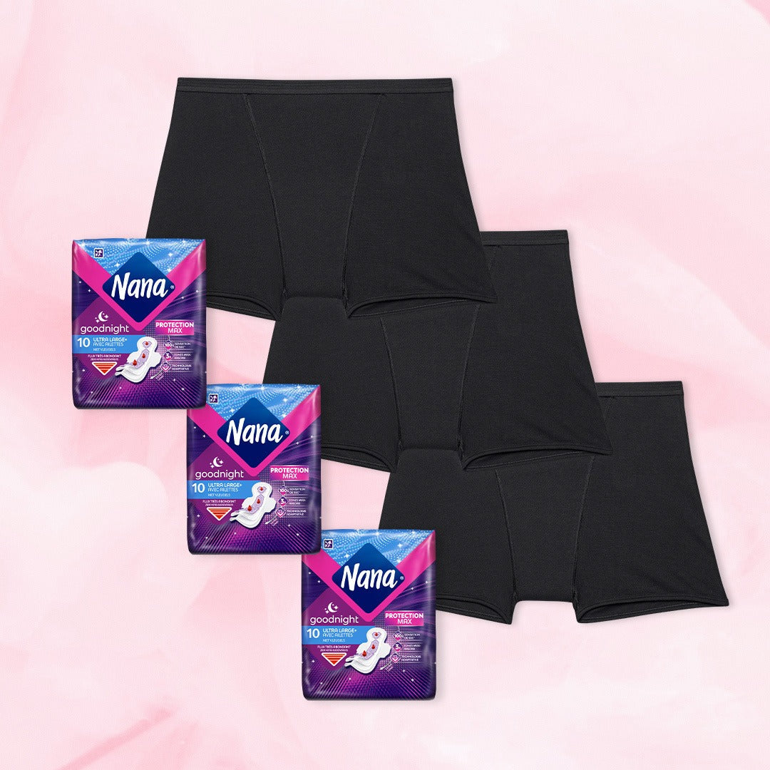 Pack Bonne nuit : 3 culottes menstruelles, 3 paquets serviettes Nana.