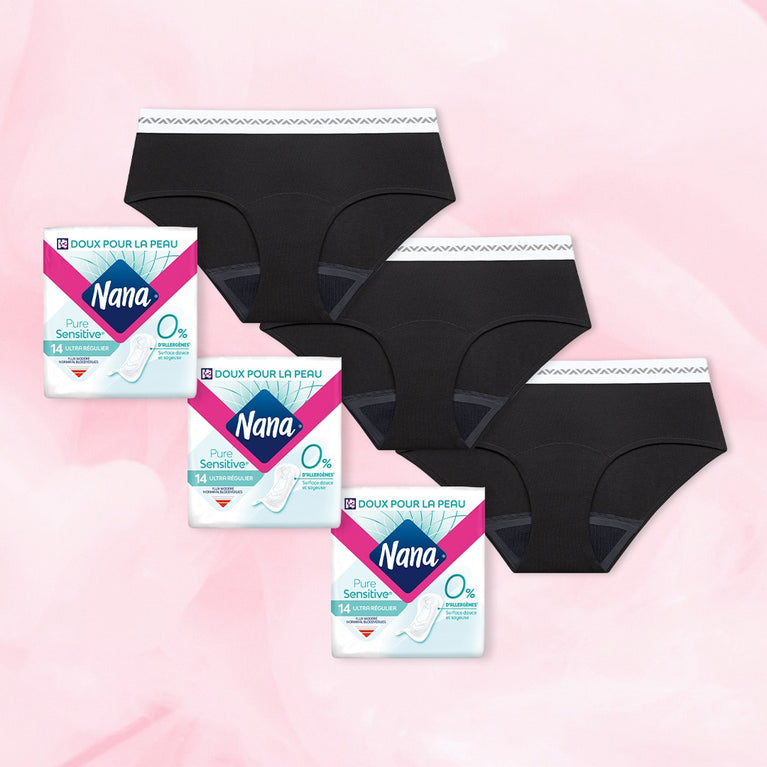 Pack Douceur extrême: ensemble de culottes menstruelles Hipster Full Lace, exposées sur une surface avec un livre et une tasse de café à côté.