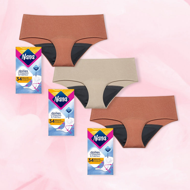 Pack Feel good : une culotte menstruelle noire accompagnée de protège-lingeries et de fruits, offrant confort et sécurité pour des journées sereines.