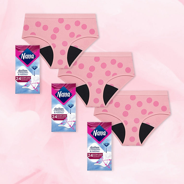 Culottes menstruelles du Pack Move your body, avec 3 culottes Hipster Full Lace Light et 3 paquets de protège-lingeries Nana Dailies Extra Long.