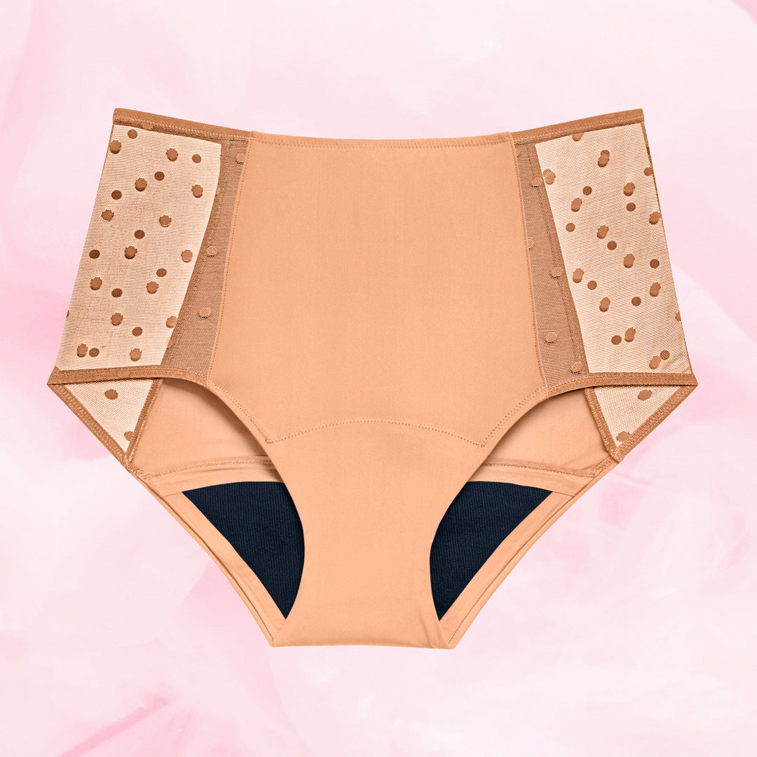 Culotte Menstruelle by Nana™ taille haute, dentelle à pois, gros plan sur le tissu en mesh, protection menstruelle réutilisable pour flux modérés.