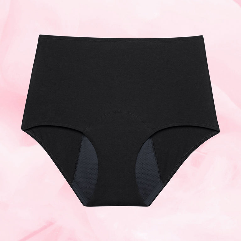 Culotte menstruelle noire Nouveau ComfortFit High Waist Nuit, offrant protection nocturne fiable et ajustement précis, conçue pour un confort optimal pendant les règles.