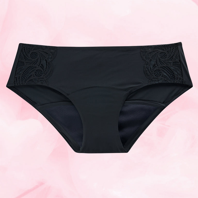 Culotte menstruelle Hipster Side Lace Heavy avec dentelle sur les hanches, conçue pour flux abondants, offrant confort et protection jusqu'à 12 heures.