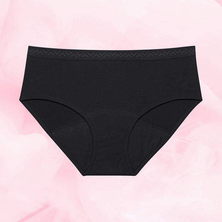 Lot de 3 culottes menstruelles Ados - Hipster Waistband pour flux modéré, taille basse, avec gousset triple couche absorbant, en coton biologique doux et durable.
