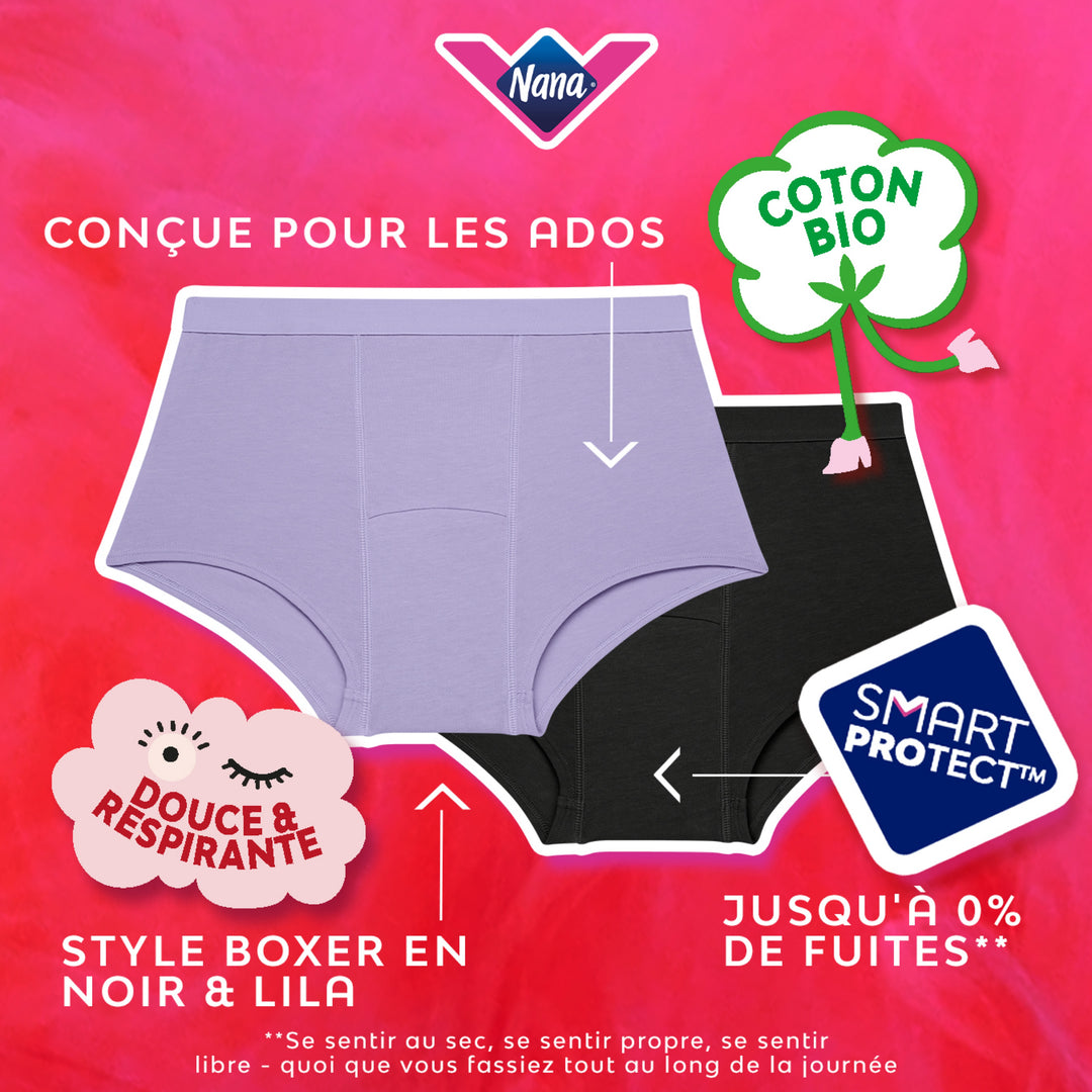Ados - Pack de 5 Boxers flux abondant, protection menstruelle fiable.