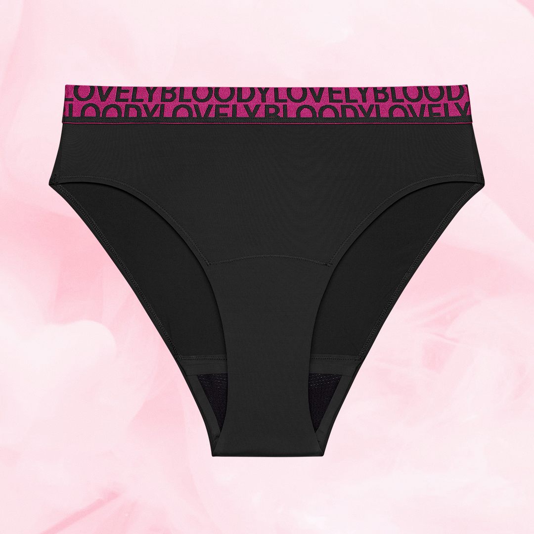 Culottes menstruelles ComfortFit High Leg Abondants, taille mi-haute, bande magenta.