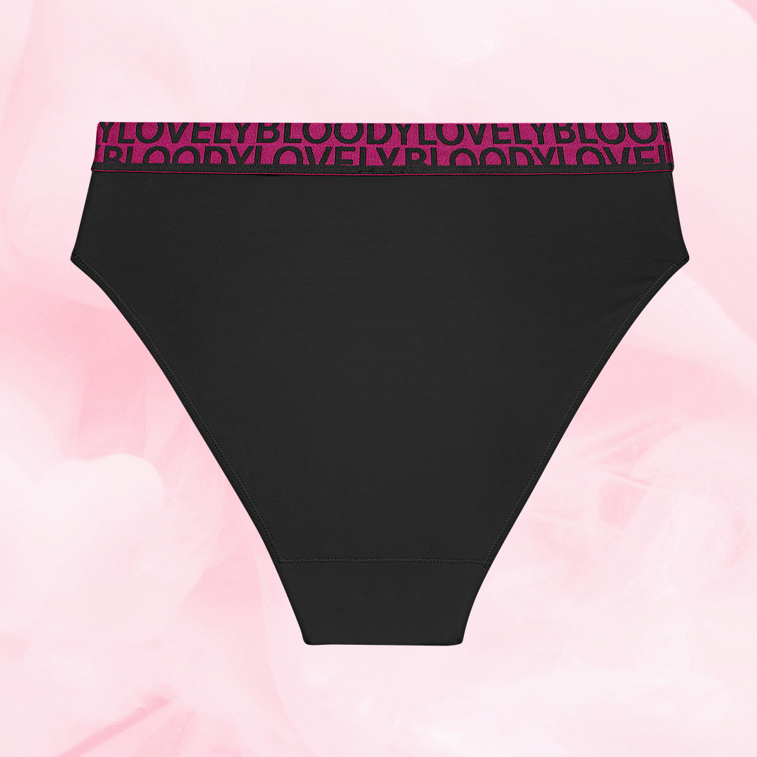 Culotte menstruelle noire ComfortFit High Leg Léger avec taille magenta.