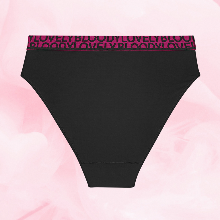 Culotte menstruelle noire ComfortFit High Leg Léger avec taille magenta.