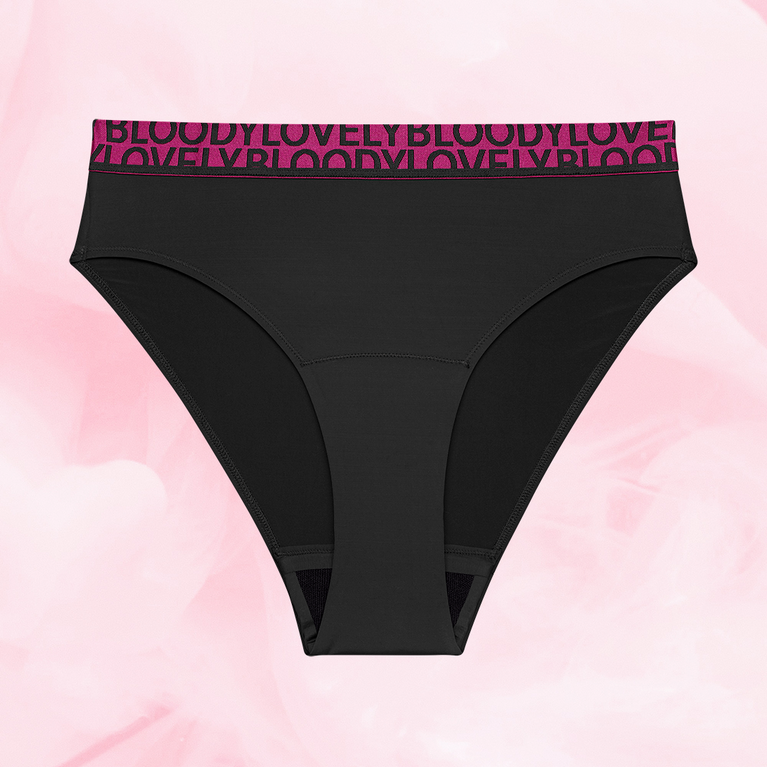 Culottes ComfortFit High Leg Modéré noires avec taille contrastante fuchsia.