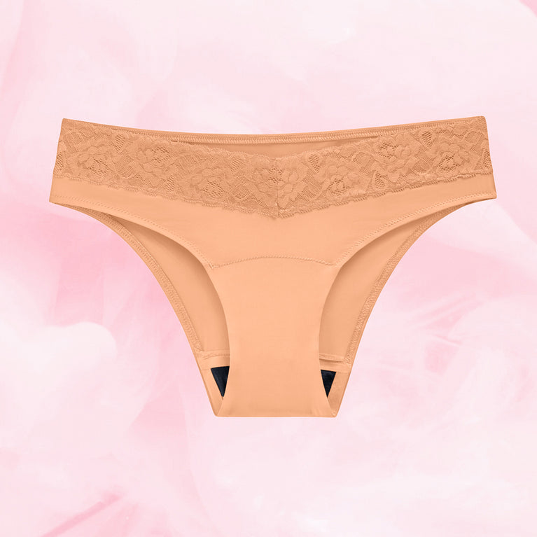 Culotte menstruelle Brazilian Light, sous-vêtement confortable et réutilisable, conçu pour flux légers, avec gousset évacuant l'humidité pour un maintien sec.